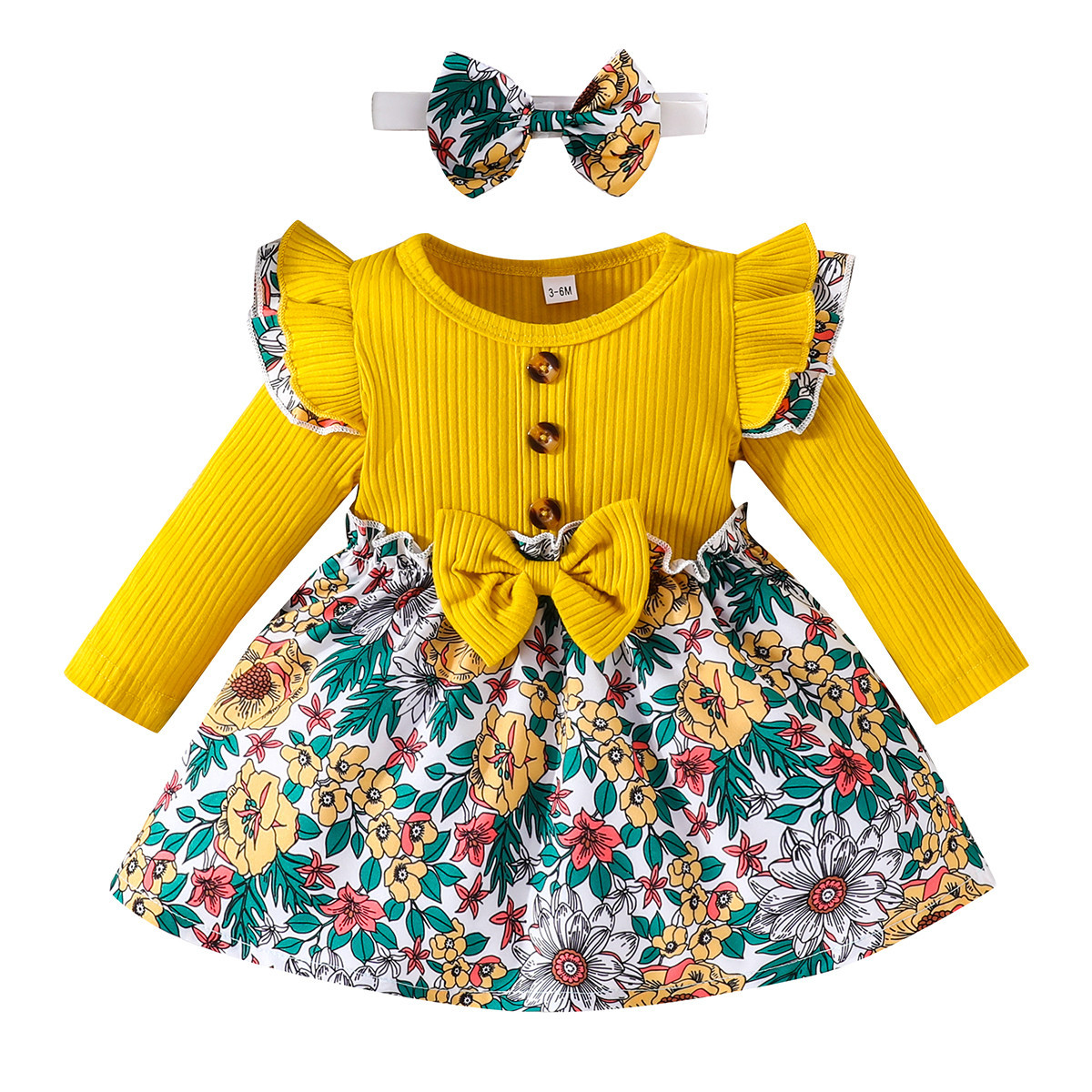 2024 Herbst und Winter neues süßes kleines Mädchen Blumendruck A-Linienrock Koreanische Version Grubenstreifen Langarmkleid_voghion.com