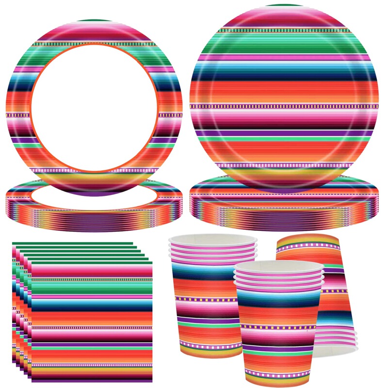 Striped Mexican Theme Party Tableware Set Colorfulful Stripesd Disposable Paper Plates Paper Towels Paper Cups Cutlery Forks and Spoons