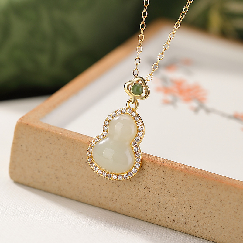 Mặt dây chuyền bạc S925 mạ vàng đính ngọc bích hình hồ lô phong thủy — Mặt dây chuyền đơn (không bao gồm chuỗi)