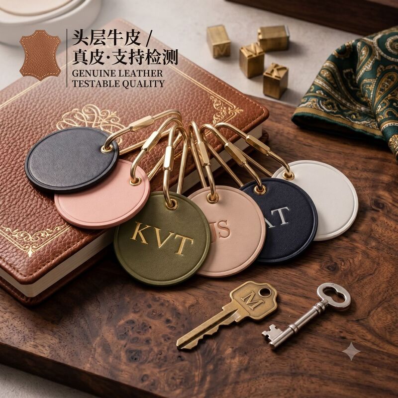 Genuine Leather First-Layer Cowhide Keychain with Brass Round Letter Pendant, Portable Key Ring with Logo Genuine Leather First-Layer Cowhide Keychain with Brass Round Letter Pendant, Portable Key Ring with Logo