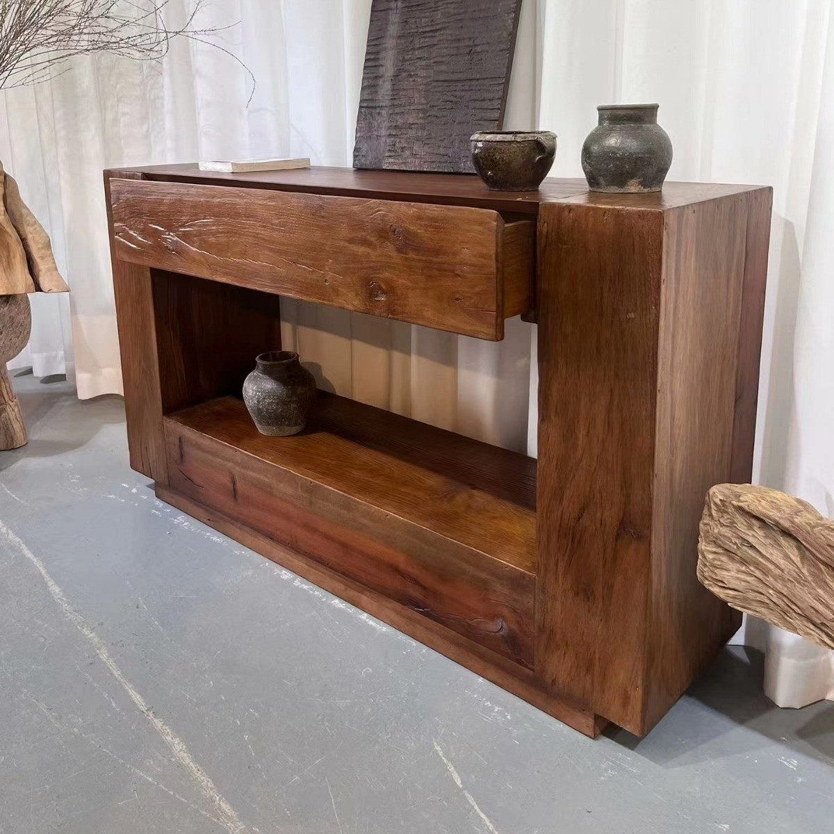 Old Elm Sideboard Retro Storage Cabinet B&B Entrance Storage Cabinet Solid Wood Floor-Standing Low Cabinet Wall-Mounted Tv Cabinet