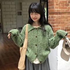毛衣针织外套新款绿色复古慵懒百搭韩系开衫2025宽松秋冬甜美