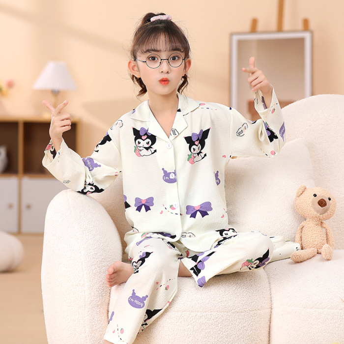 Pijamas infantiles primavera y otoño delgada espuma tela arrugada ropa para el hogar niñas dibujos animados aire acondicionado ventilado ropa de verano