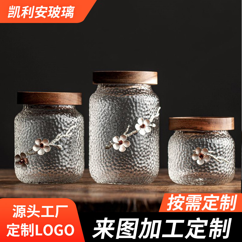 Hammered High Borosilicate Glass Tea Canister with Acacia Wood Lid, Sealed Jar for Storing Grains and Coffee Beans, Moisture-Proof