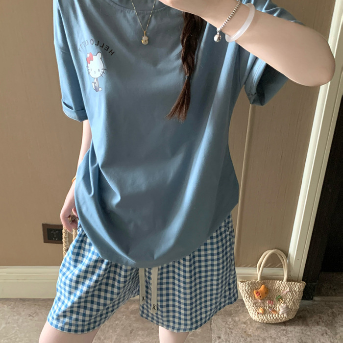 Dibujos animados Hellokitty pijamas estampados mujer 2025 nuevo verano algodón de manga corta pantalones cortos traje de servicio a domicilio