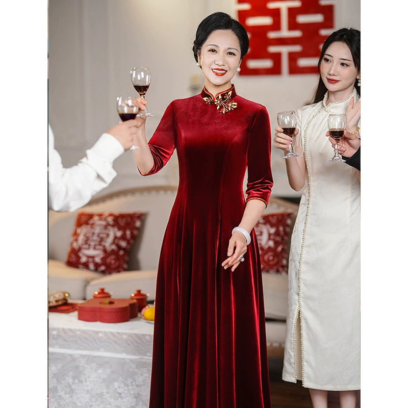 Вельветовое платье-ципао с элегантным шармом, подходит для весны и осени, праздничный наряд для мамы, для свадебного банкета, можно носить повседневно, художественное ретро-ципао для мам.