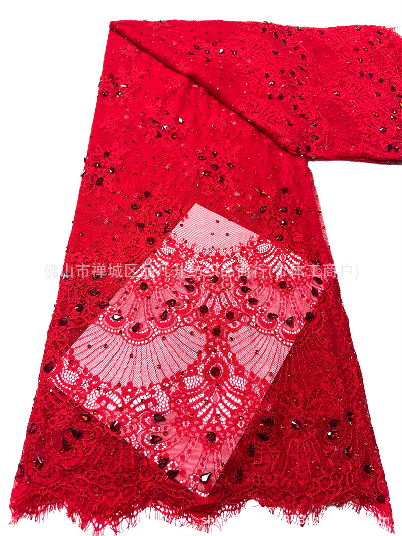 Tejido de encaje retro francés bordado rosa claro tela de malla de perlas de clavos vestido de boda