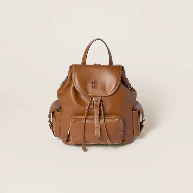 2025 新しい miu 本革バックパックニッチデザイン多用途レトロ大容量ダブル巾着バックパック|undefined