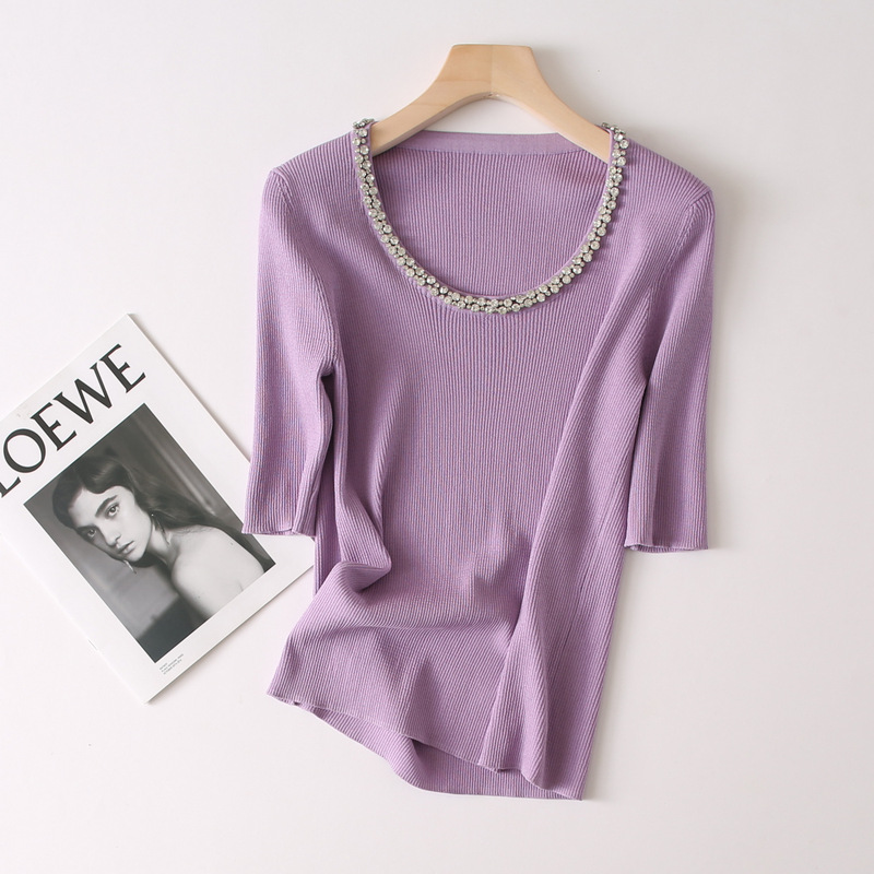 The tone is crazy and beautiful! Look thin lift temperament! Women's Purple Collar Stretch Slim-Fit Knitted T-shirt Top