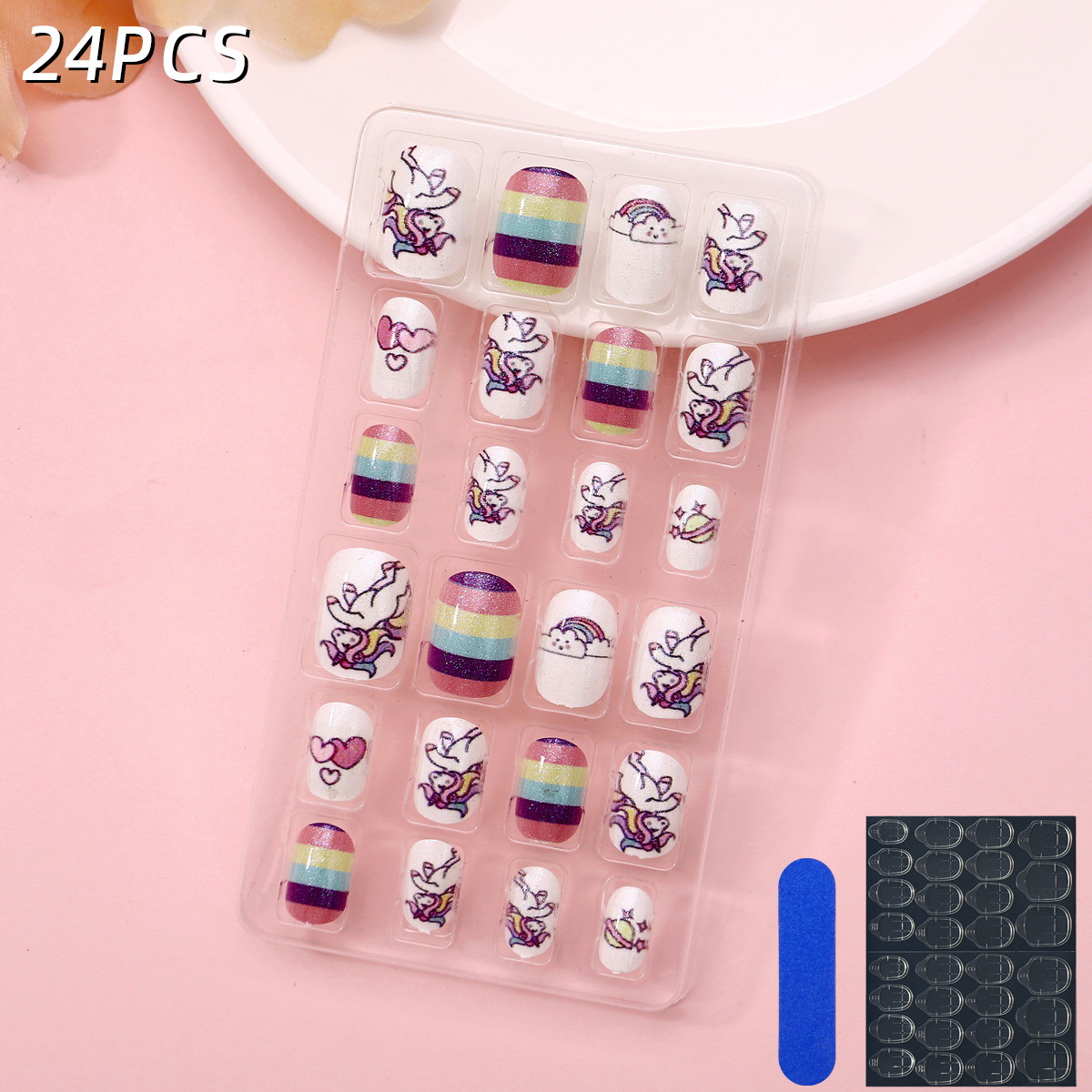 Juego de 24 piezas de uñas postizas para niños con diseño de dibujos animados, desmontables con adhesivo y exquisito diseño.