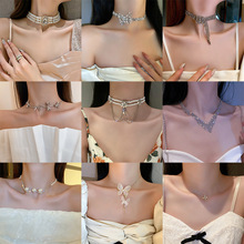 網紅ins風鑲鑽珍珠蝴蝶項鏈韓國個性頸鏈鎖骨鏈設計感氣質項飾女