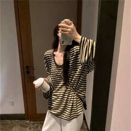 慵懒风松弛感条纹罩衫女秋季新款防晒薄款长袖T恤宽松打底衫上衣