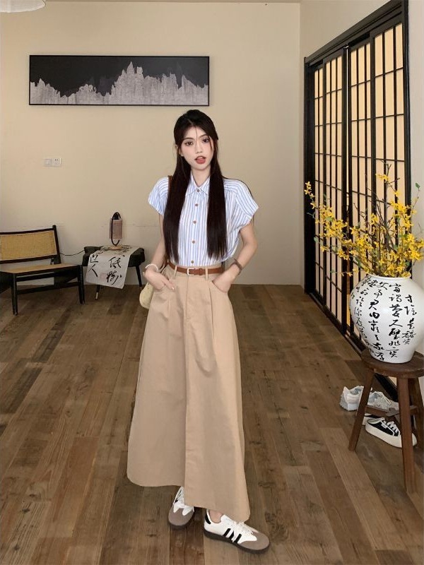 早秋时尚套装条纹衬衫上衣女夏季小个子高腰开叉裙子长裙半身裙两|undefined