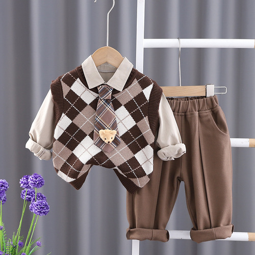 Boys and girls spring clothing children's tie pendant bear sweater culottes three-piece suit children's clothes fashionable baby spring and autumn