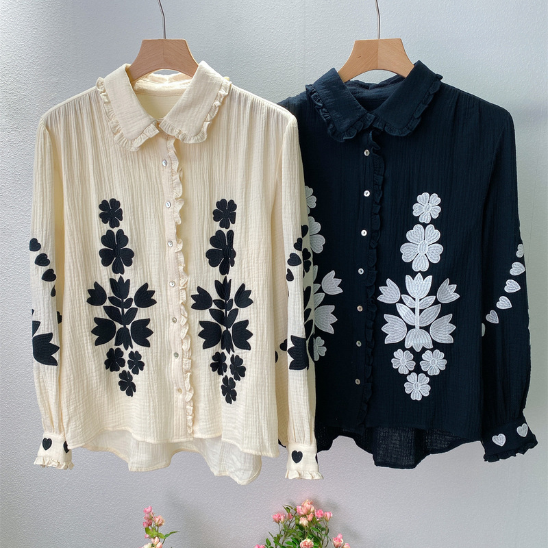 2-Color Pleated Lace Lapel Artistic Floral Embroider Pure Cotton Casual Long-Sleeved Shirt Top Is Hard Not to Love