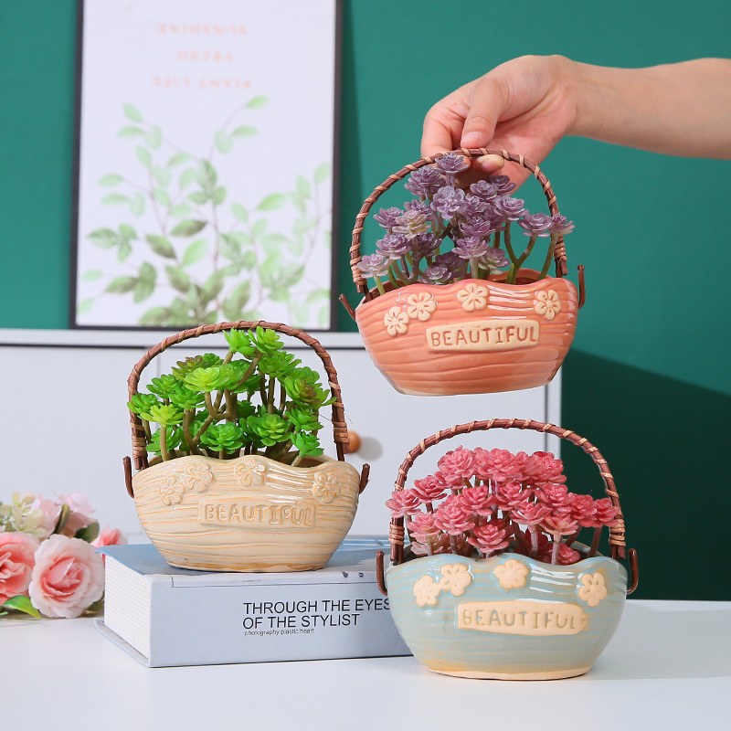 Nordic Simple Small Fresh Portable Hanging Basket Fleshy Flower Pot Creative Pastoral Personalized Coarse Pottery Breathable Planting Gardening Platter