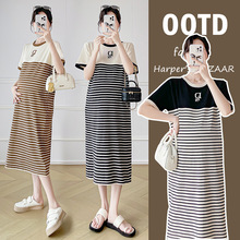 实价2025孕妇装新款时尚撞色条纹气质短袖夏刺绣中长哺乳孕妇裙