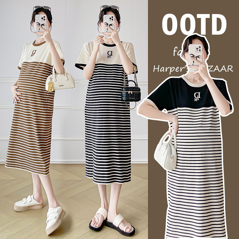 实价2025孕妇装新款时尚撞色条纹气质短袖夏刺绣中长哺乳孕妇裙