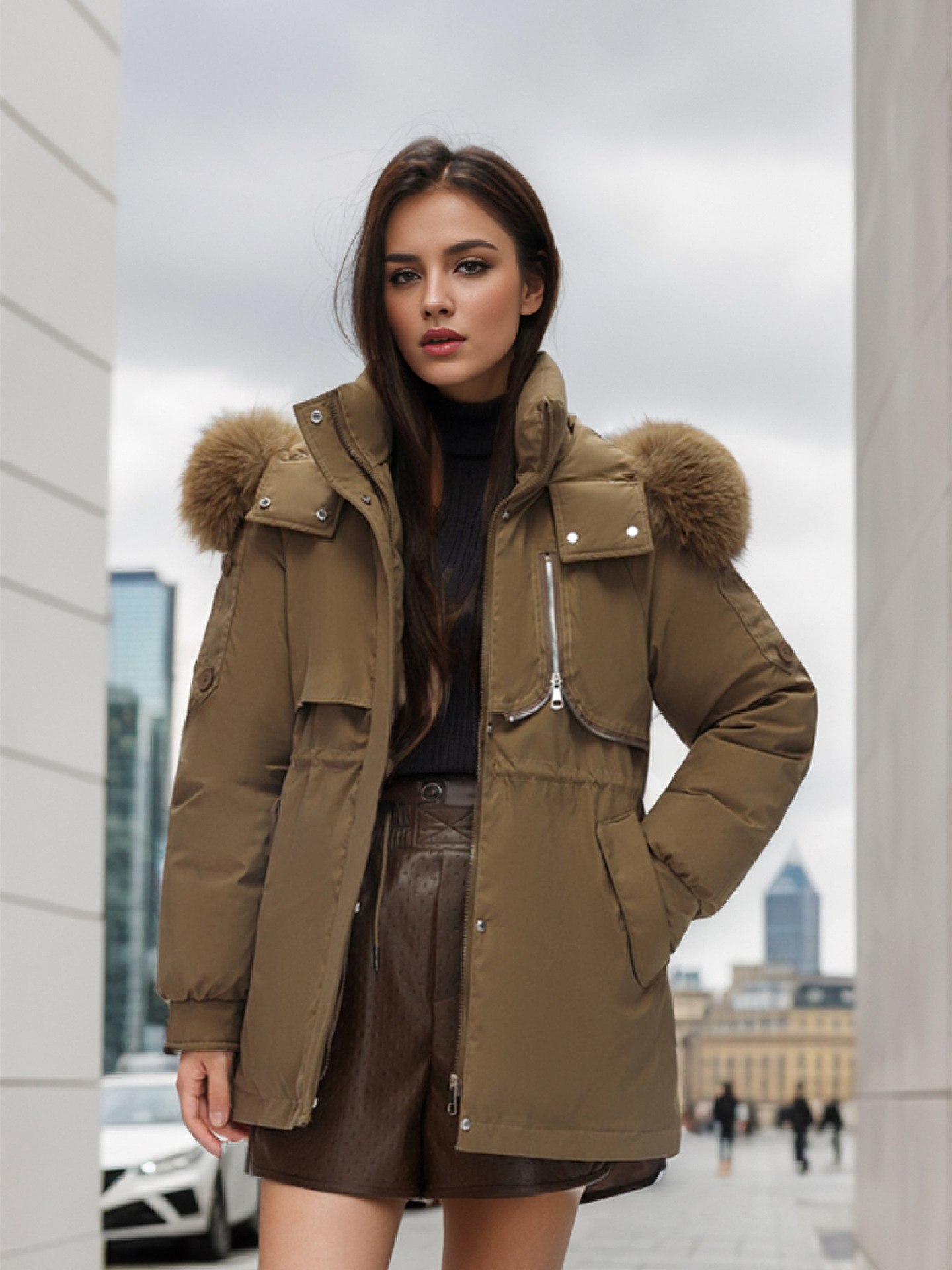 Damen Daunenjacke mit großem Pelzkragen, kurze Winterkleidung für Damen, neuer kleiner Overall, gepolsterter Mantel_voghion.com