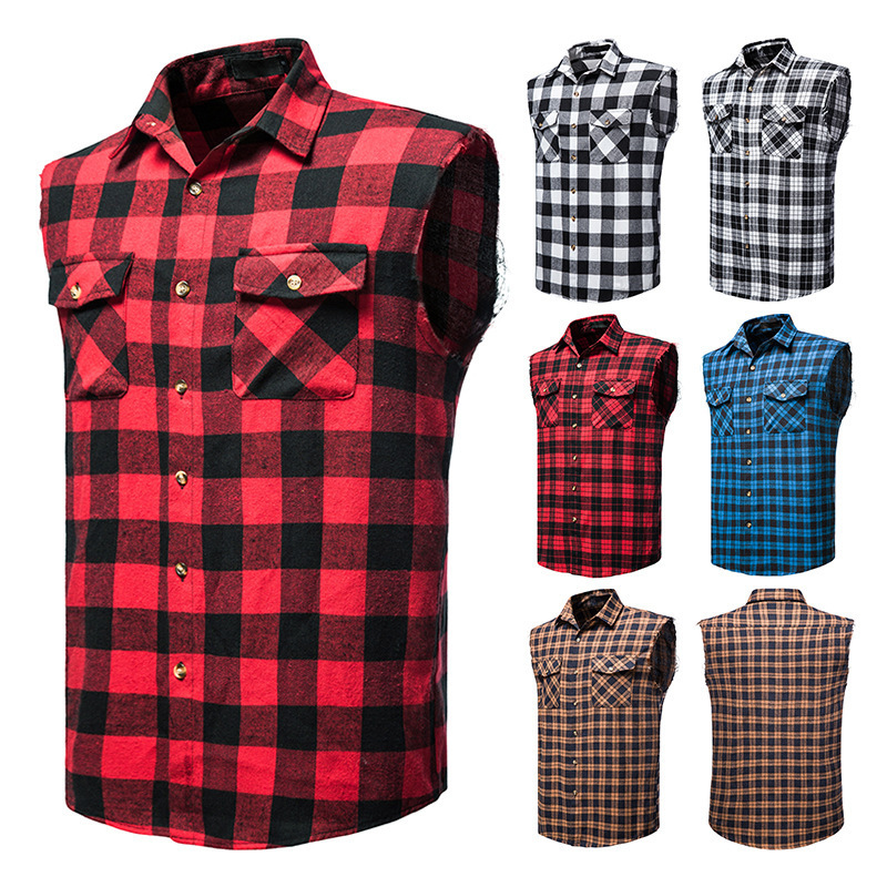 2023 verano nuevo tamaño europeo hombres Camisa sin mangas casual Amazon moda Plaid multicolor camisa grandes productos