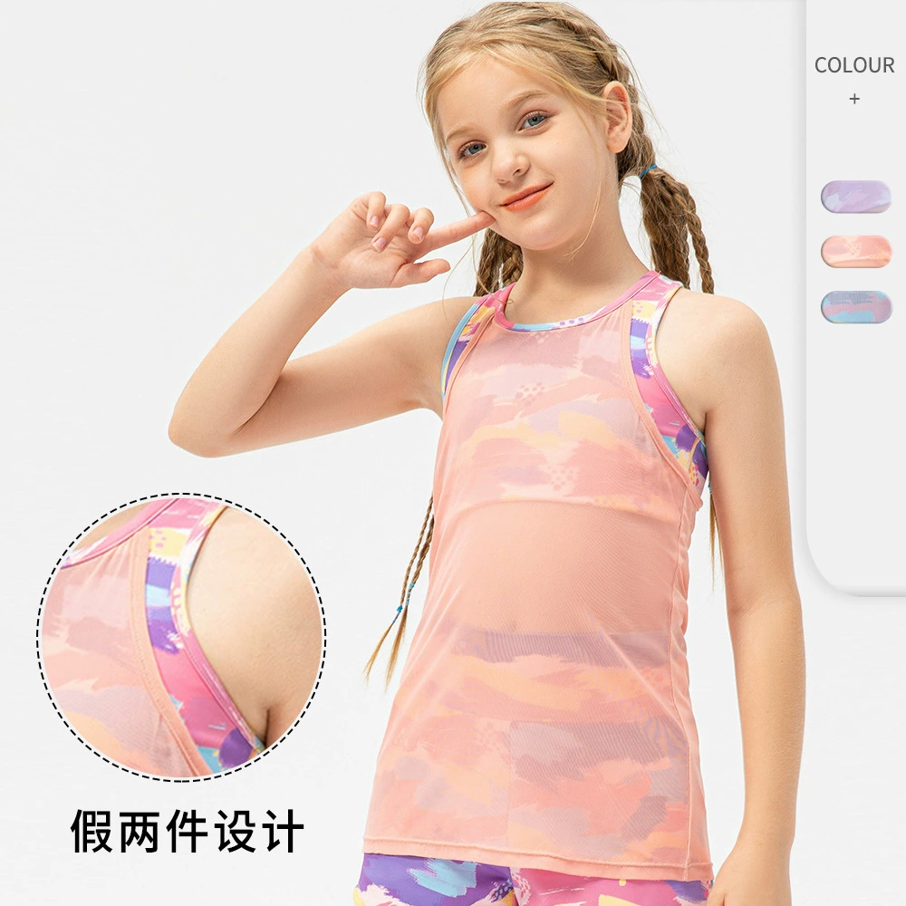 Детская спортивная блузка накладная из двух частей сетчатый спортивный жилет для девочек танцевальные тренировки Йога беговой Топ 23102