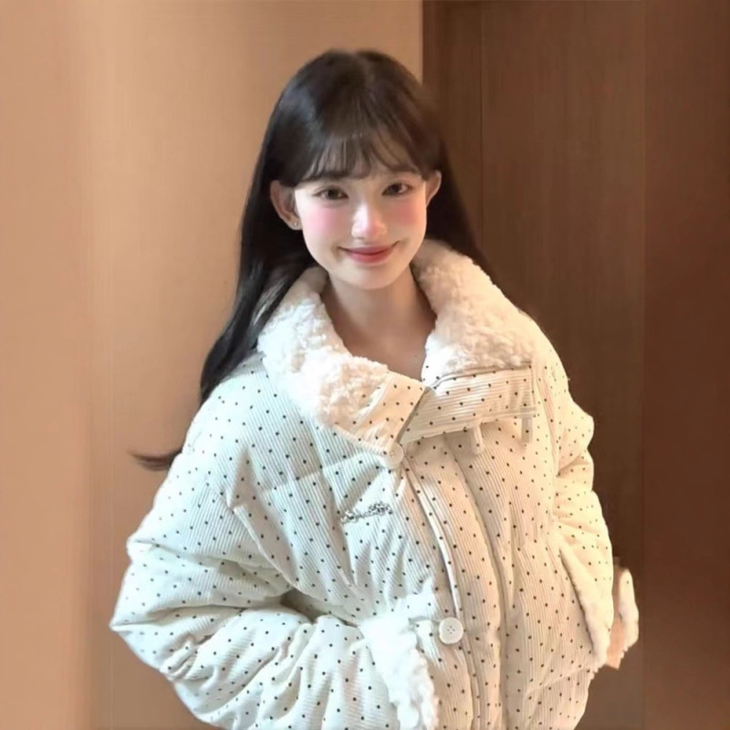 甜美波点羽绒棉服女2025冬季新款加厚面包服棉袄翻领短款棉衣外套|undefined