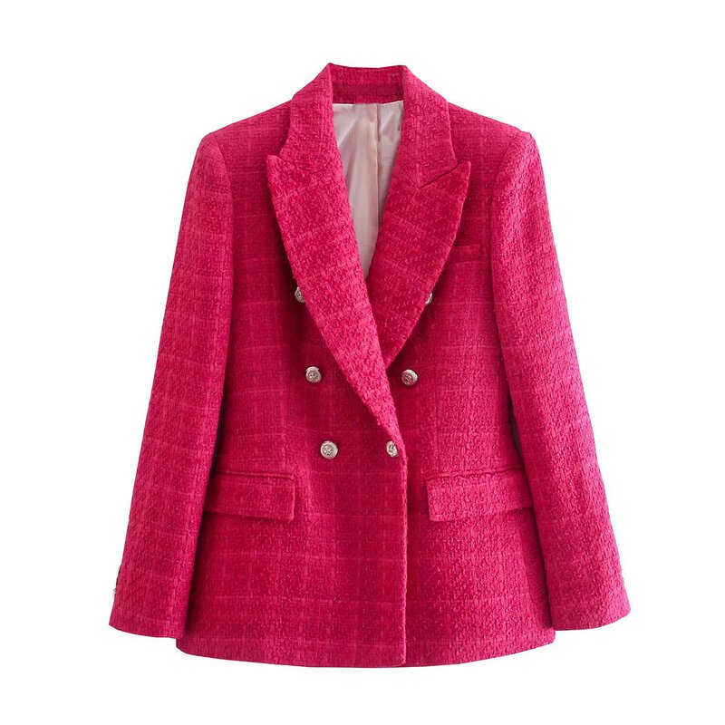 Cross-border green white red fashion double-breasted tweed plaid blazer coat retro long sleeve pocket suit coat