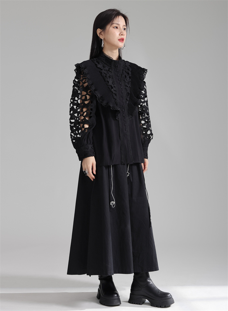 法米姿 早春新款宫廷风法式刺绣镂空衬衫显瘦别致立领上衣
