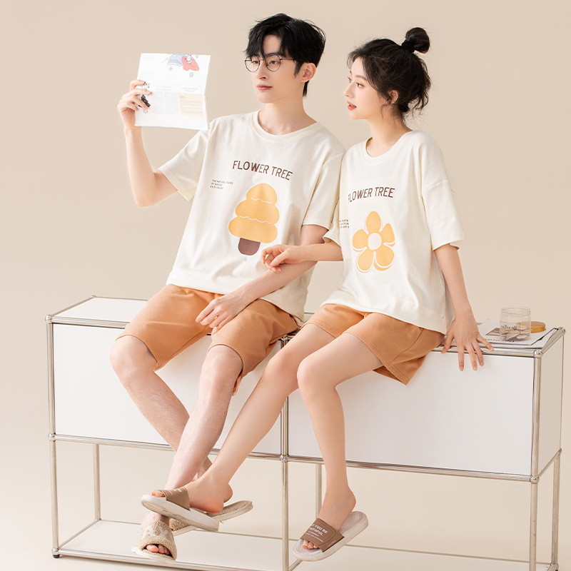 [Antibacteriano] Pijamas de pareja de verano de algodón puro para hombres y mujeres de manga corta de dibujos animados lindo casual se puede usar fuera del traje de servicio a domicilio