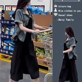 夏季女装成套搭配盐系轻熟吊带连衣裙子减龄牛仔衬衫上衣两件套装