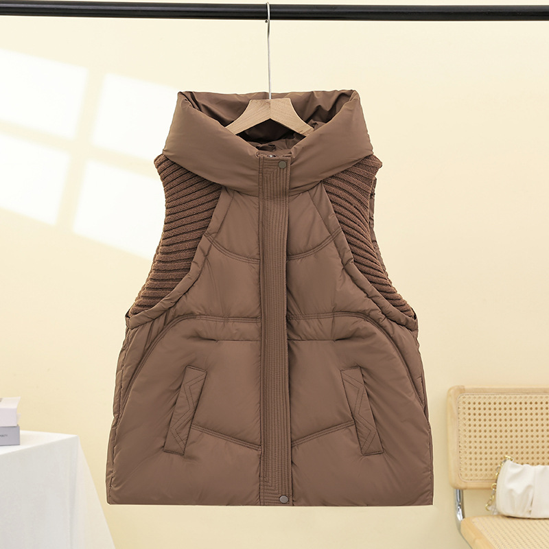跨境秋冬新款羽绒棉服女马甲短款连帽厚款针织毛线韩版加厚外套批