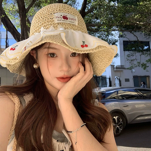 C5021 gold-edged cherry straw hat beige