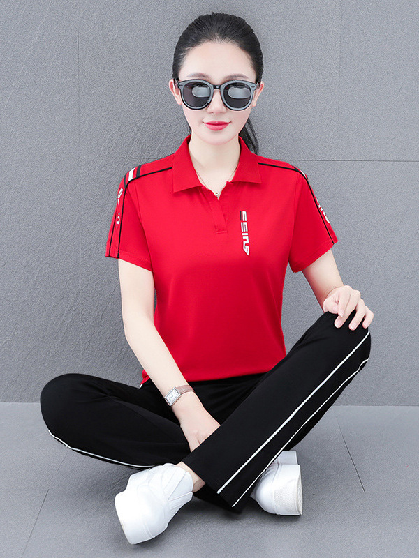 アイスシルクスポーツウェアスーツ女性用2025年新作夏ラペル年齢軽減カジュアルグレー半袖ストレートパンツ2点セット|undefined
