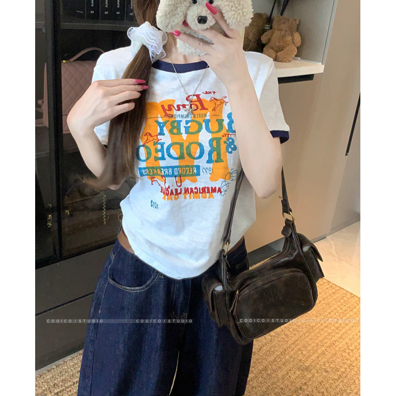 韓国風カジュアルで快適なコントラストプリント右肩ラウンドネック半袖Tシャツレディース夏万能カジュアルプルオーバートップ|undefined
