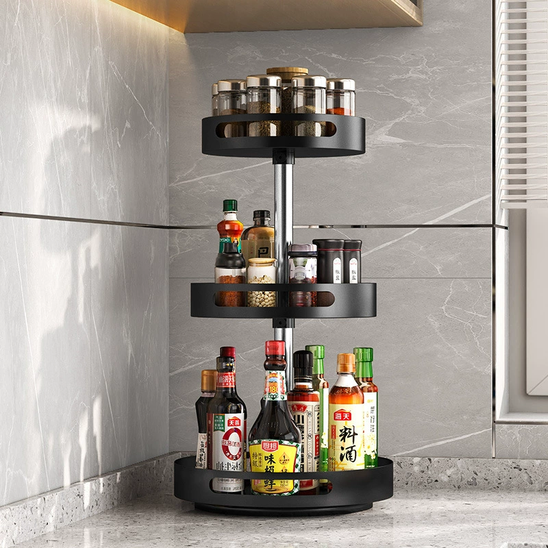 Kitchen rotation rack multi -function can rotate feasting rack carbon steel three -layer disc seasoning box pallet storage rack