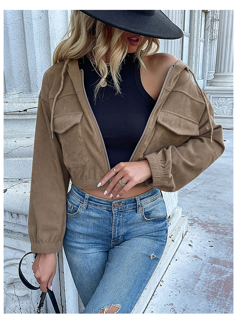 Solid Color Hooded Corduroy Women's Jackets_voghion.com