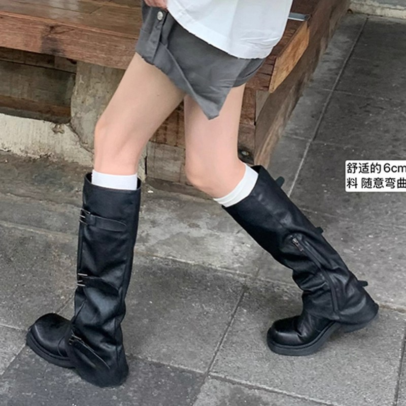 羊皮版~新款马丁靴法式女靴子小众复古粗跟高筒靴西部牛仔堆堆靴|undefined
