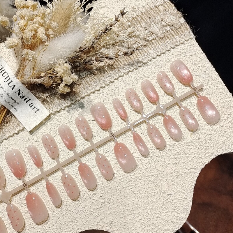 【Peach Pink Polka Dot】Short Oval Press-On Nails Gentle and Cute Polka Dot Pure Desire Cat Eye Nail Art Pre-Made Nails Factory