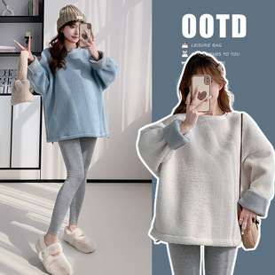 Real shot in stock lazy style loose fleece-lined thick lamb wool sweater