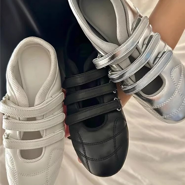 Jiaya~Retro Moral Training Shoes Women's Velcro Ballet Shoes Round Toe Casual Sports White Shoes Women's Shoes
