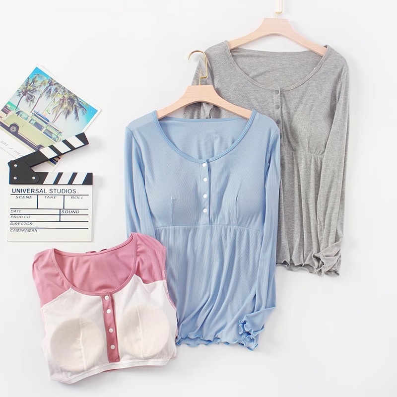 모유 수유 잠옷 봄 가을과 여름 얇은 산후 외출 최고 임산부 요양원 옷 긴 소매 가슴 패드 문 옷