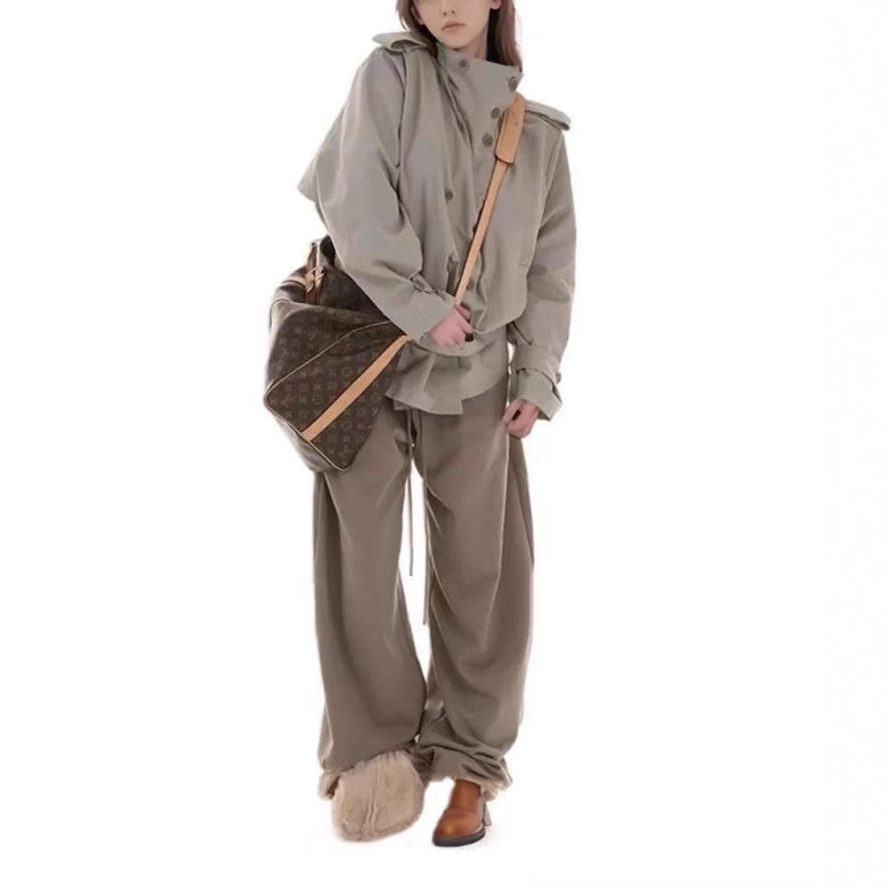 柔软廓型湖灰色宽松立领短款风衣外套女秋季新品|undefined