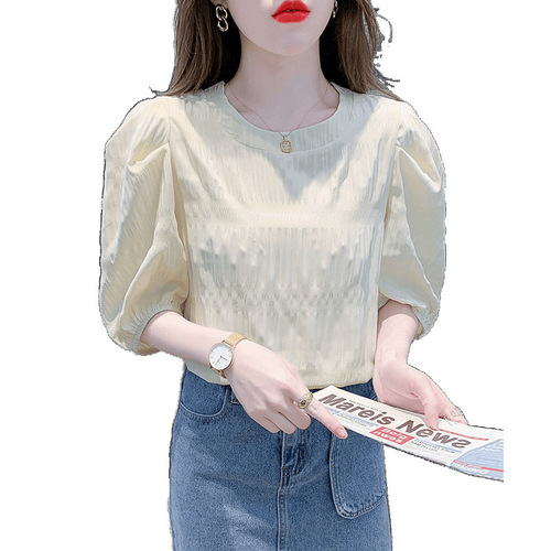 Summer Blouse Chiffon Short Sleeve Top Women's 2025 New Bubble Sleeve Top Elegant Short Europy Style Women's