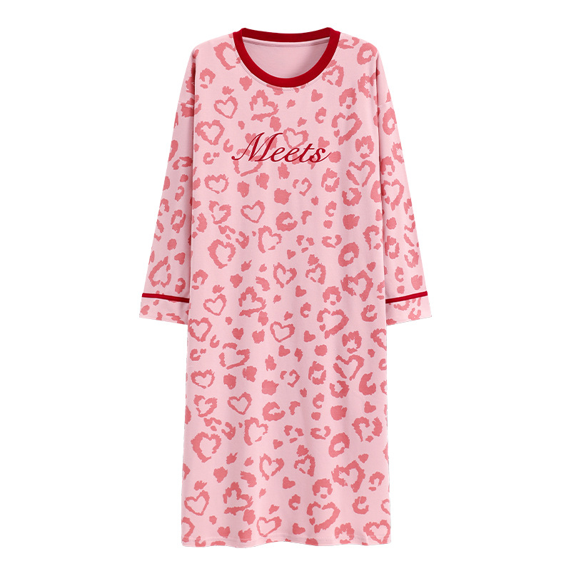 Camisón de las mujeres con almohadilla en el pecho verano primavera y otoño algodón manga larga delgada nuevo leopardo pijamas de algodón de las mujeres desgaste del hogar