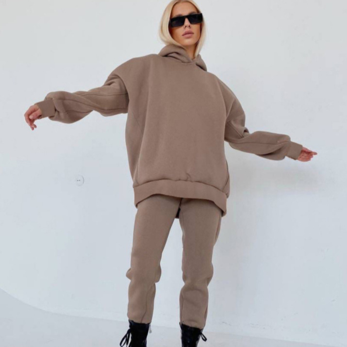 Women's Clothing Women's Hooded Sweatshirt Two-Piece Set Fleece-Lined Pullover & Joggers Casual Outfit In White Black Brown Beige S M L XL_voghion.com