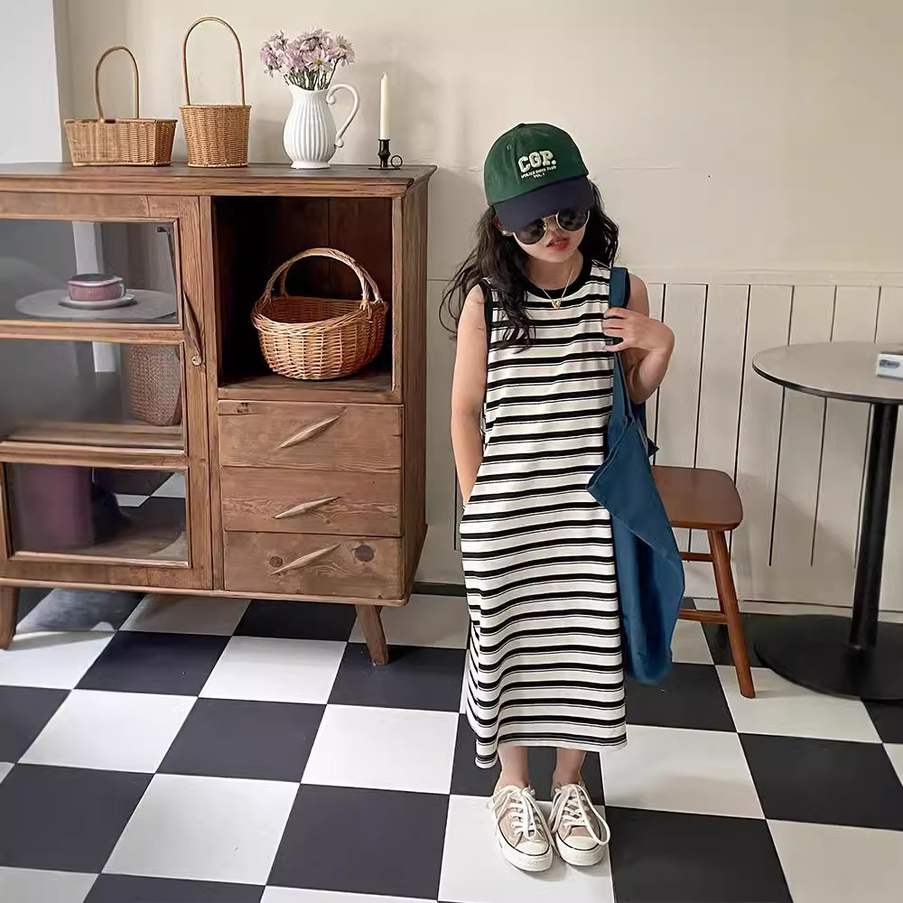 Children's Long Casual Dress 2025 Summer Girls Fashion Stripesd A-Line Skirt Medium and Large Kidsren's Sleeveless Skirt
