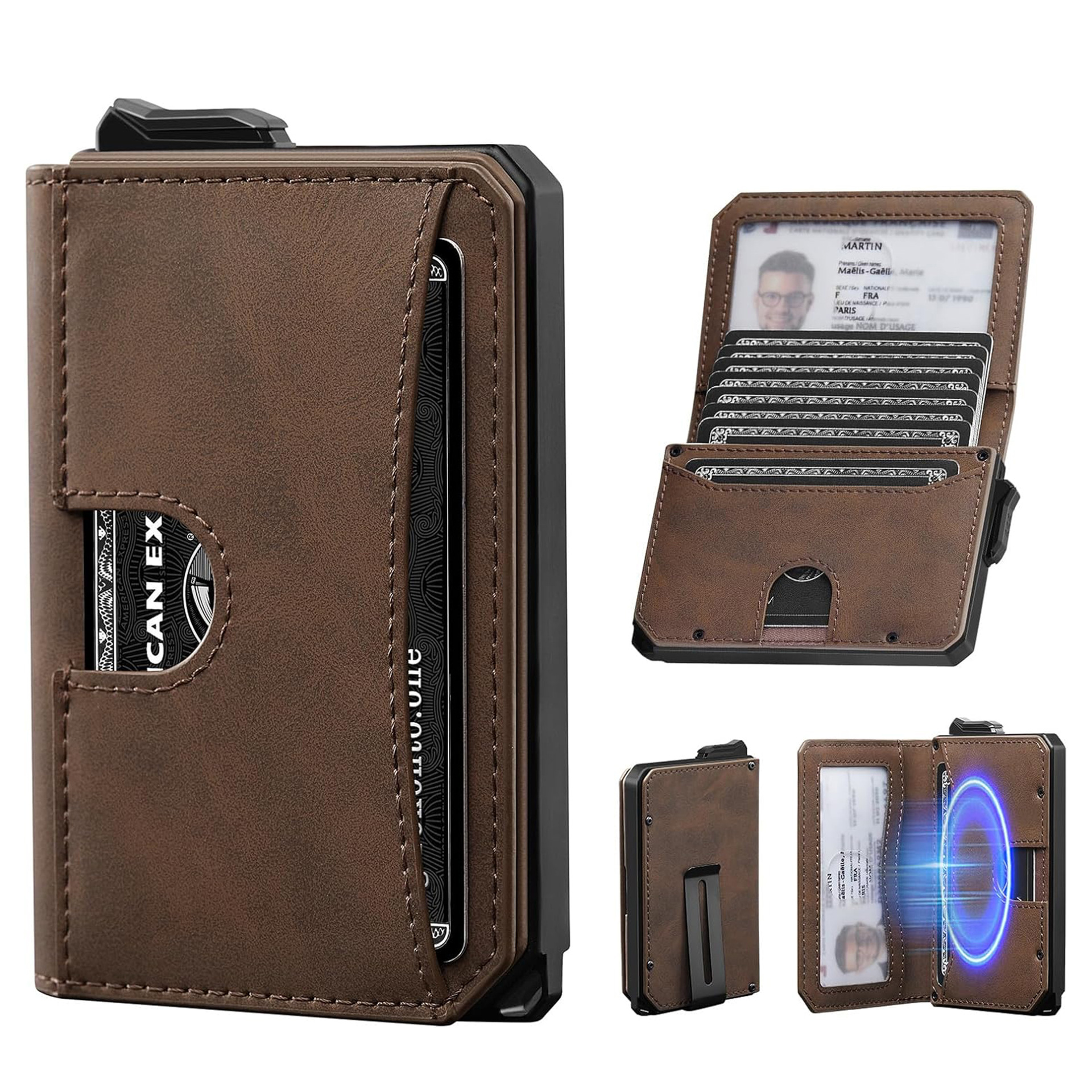 Amazon RFID cepillo antirrobo multifuncional billetera doble flip caja de tarjetas metálicas gran capacidad billetera de cuero para hombres