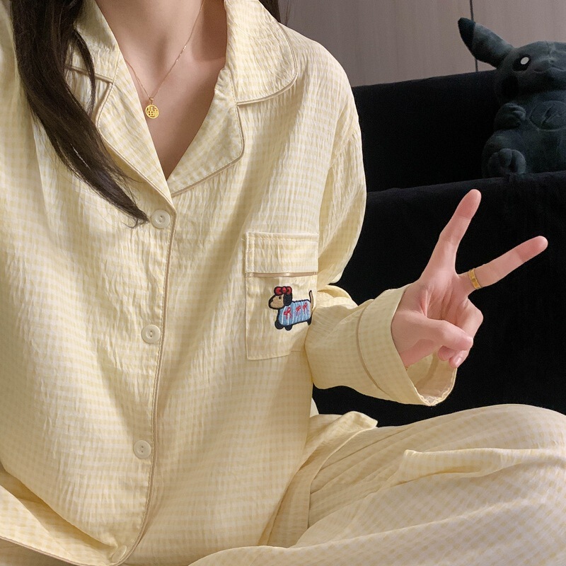 Cross-Border Spot Large Size Pajamas for Women Cheese Custard Plaid Embroidered Dachshund Spring and Autumn Long-Sleeved Girl Three-Piece Suit