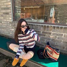 牙套大汪【可爱修狗】春季打底衫长袖条纹针织衫圆领miu系开衫女