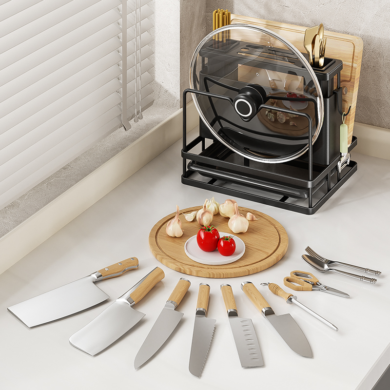 Rack de almacenamiento integrado multifuncional para cuchillos de cocina, palillos, tablero de cortar, cubierta de panela y tablero de verduras